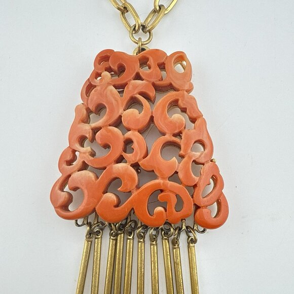 Vintage Kramer New York Necklace Faux Coral Statement Tassel Fringe MCM Runway - Picture 3 of 15